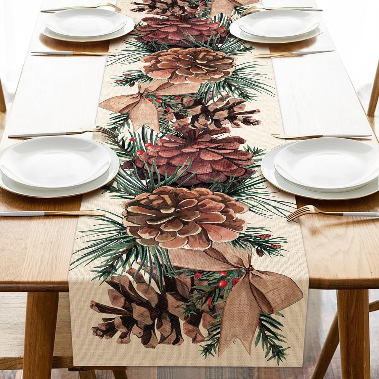 Winter Pine Cone Table Runner, Pine Needle Branch Red Berry Bow Farmhouse Kitchen Dining Table Decor, Christmas Holiday Seasonal Rustic Home Decoration Indoor Outdoor Party Supply 13x72 Inches